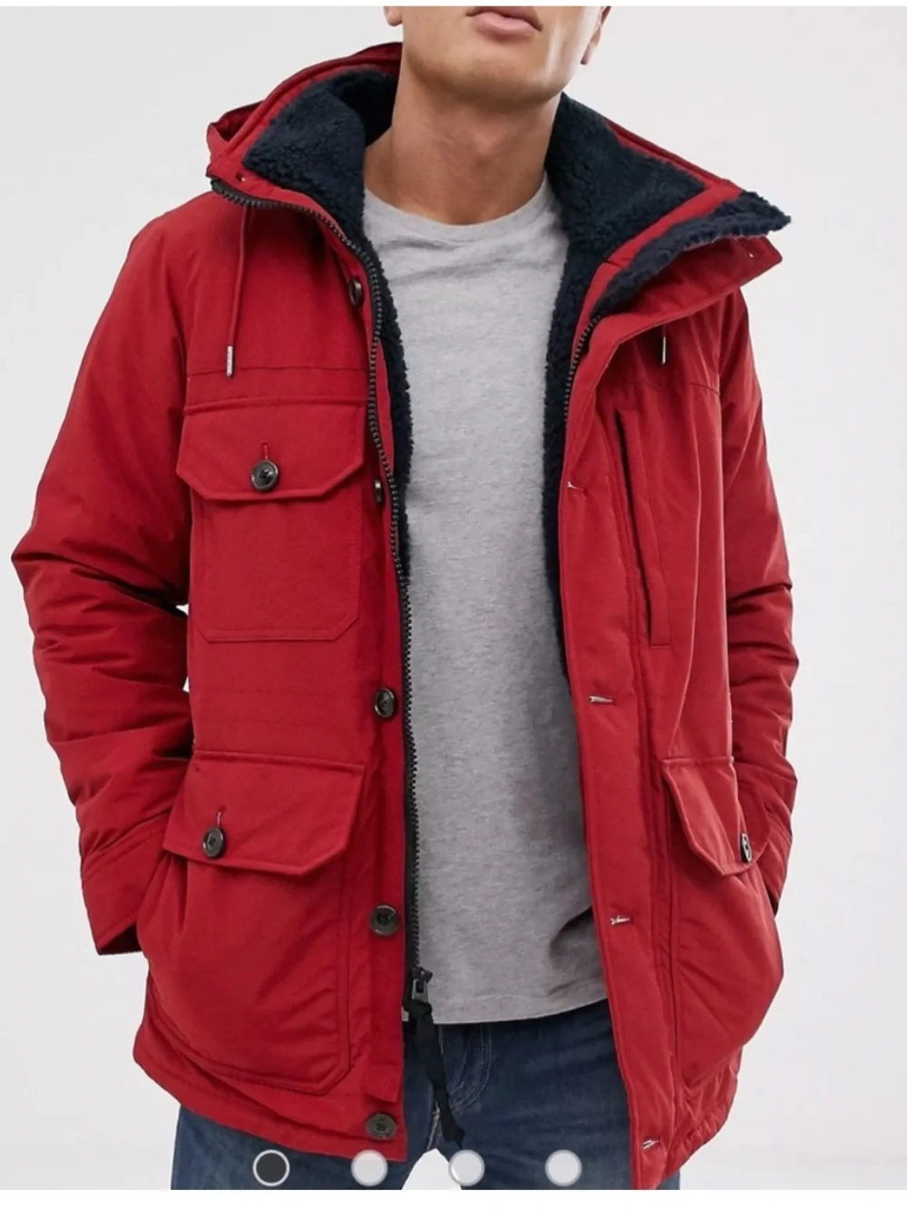 EUC XS MEN’s Abercrombie & Fitch trekking hooded parka coat in RED Sherpa Lining